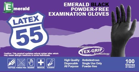 Emerald Black Latex 55 PF Exam Gloves, XSmall, (Case)